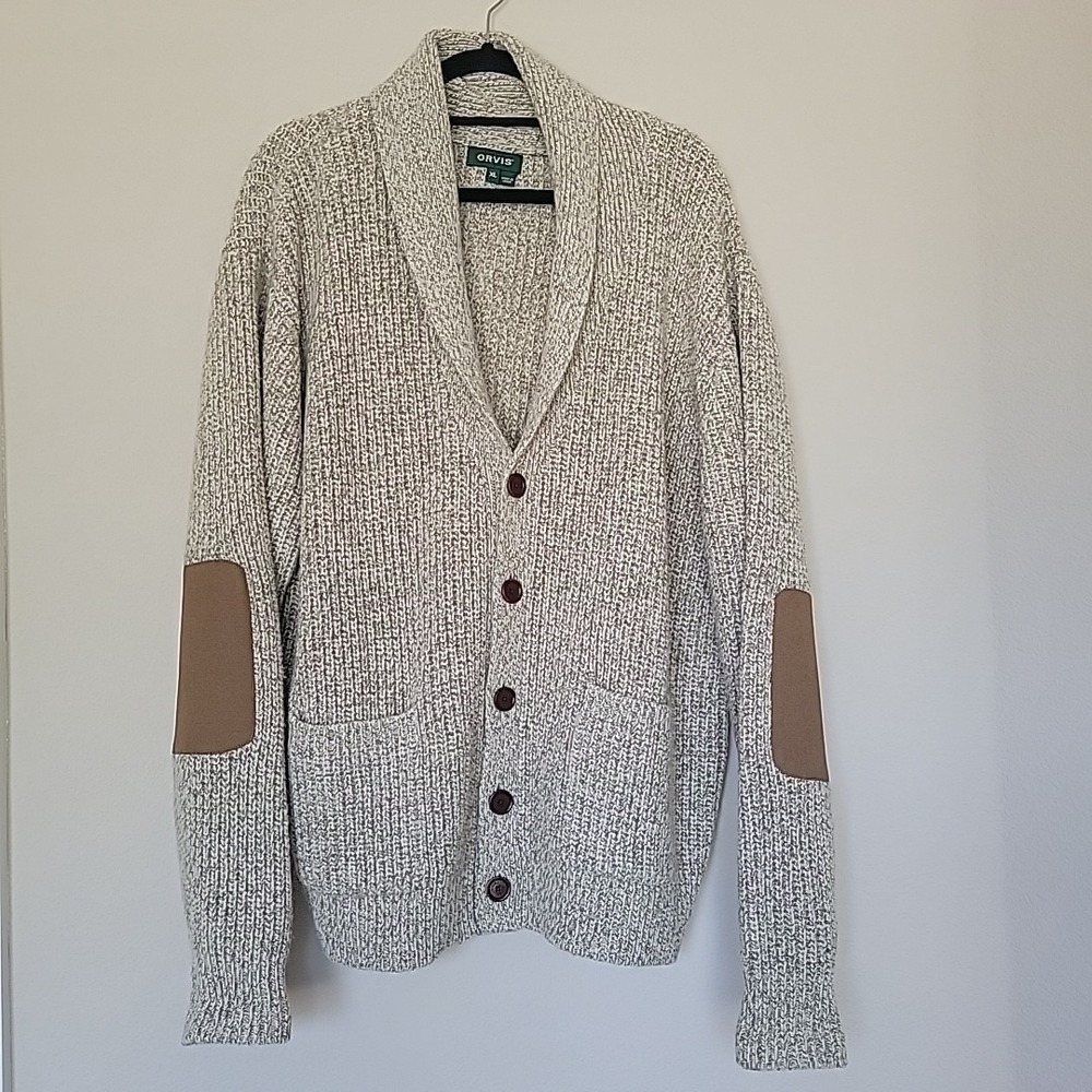 Orvis Wool Blend Cardigan Sweater Mens XL Elbow Patches Grandpa Preppy Academia